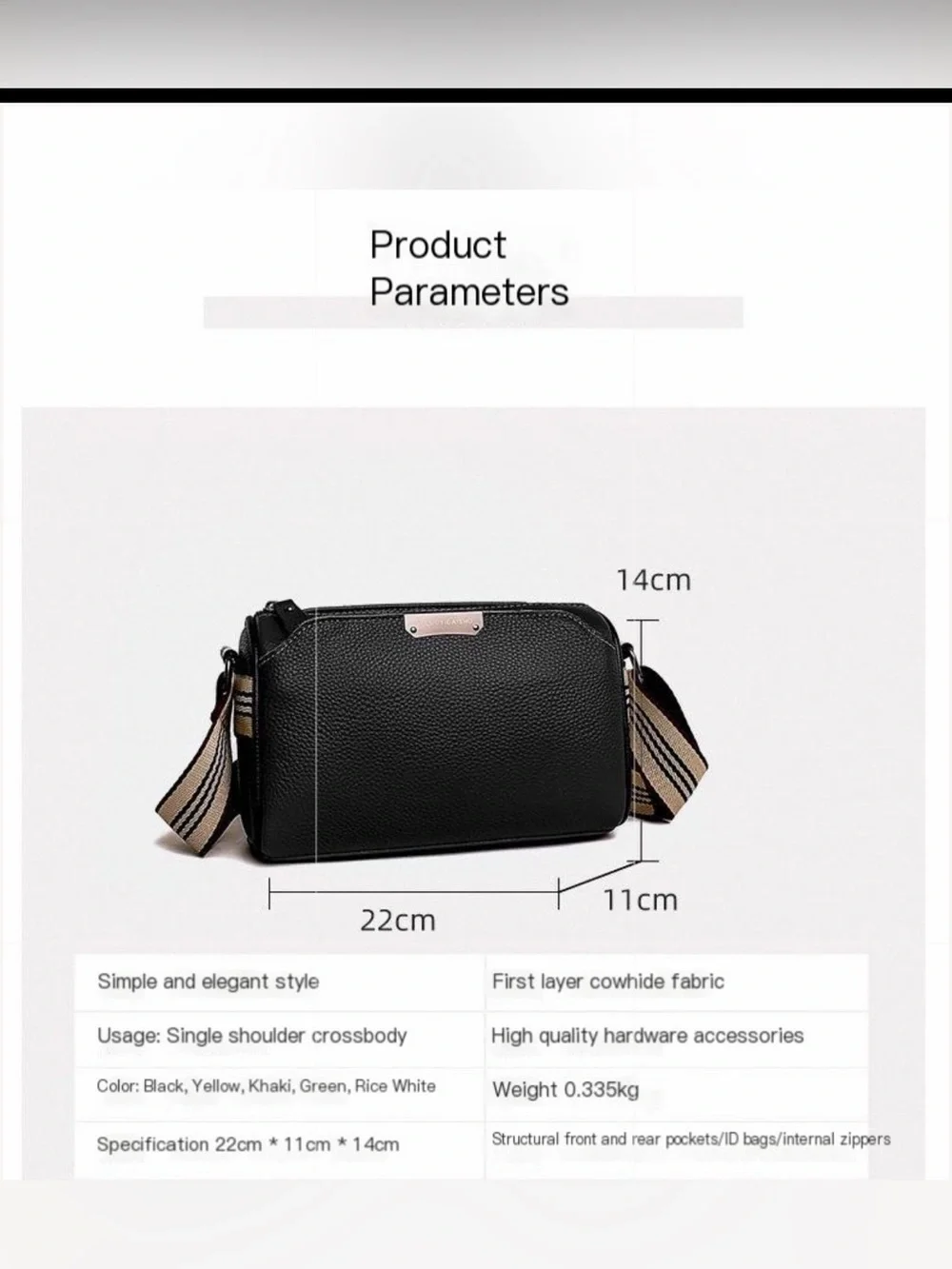 Classic Black Genuine Leather Crossbody Bag - Sleek Everyday Shoulder Purse